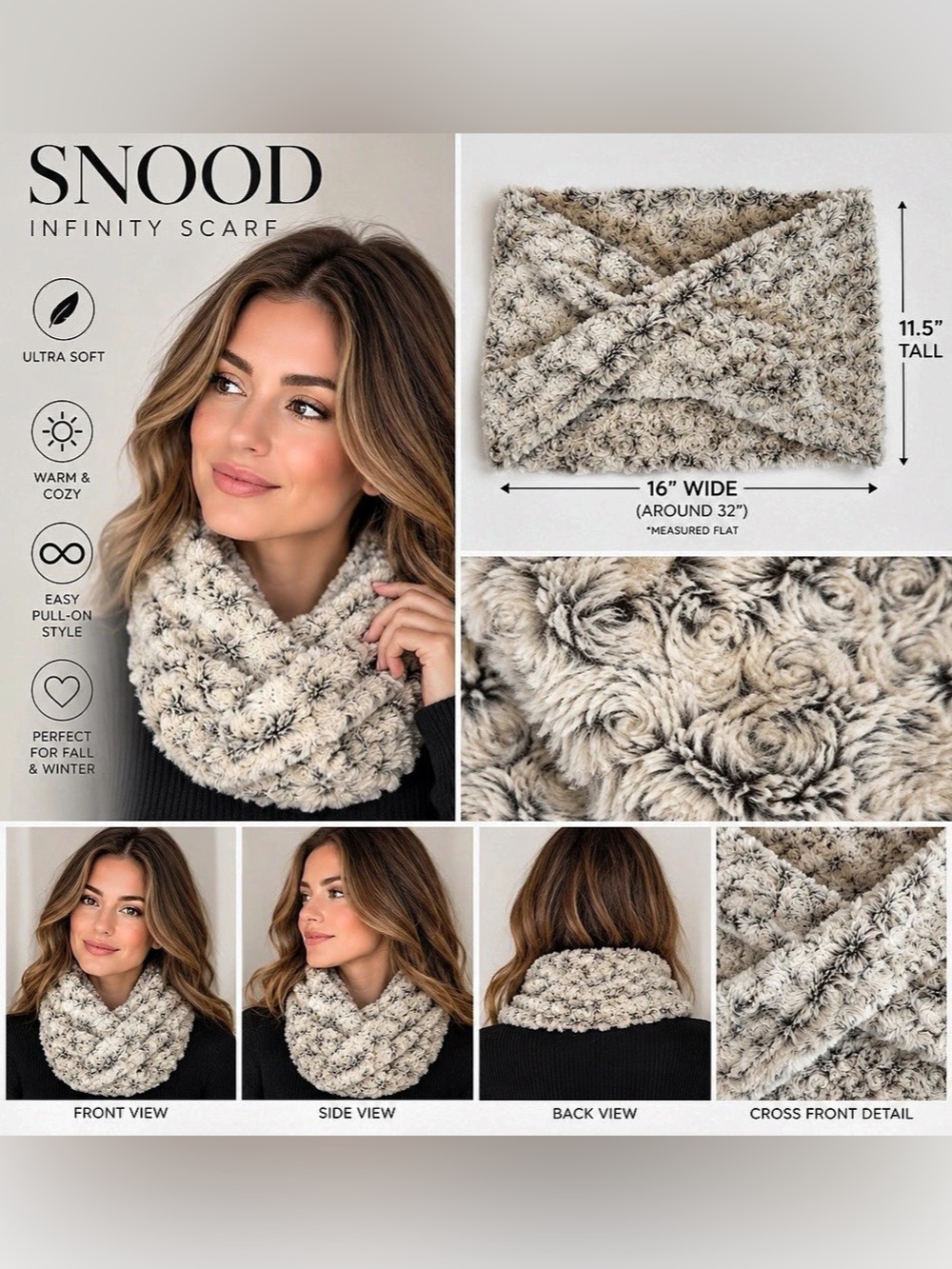 SNOOD style Infinity Scarf gray and white floral fuzzy